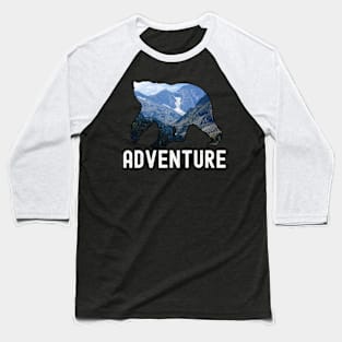 Adventure, Outdoors with bear with mountain motif. Baseball T-Shirt